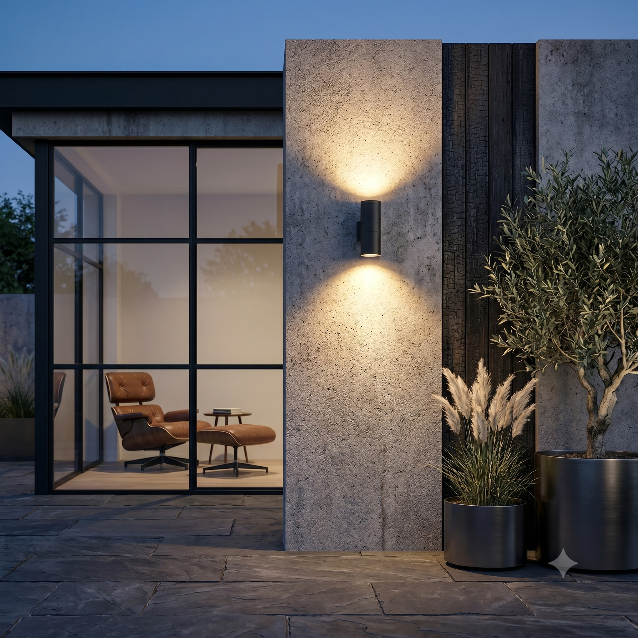 A cylindrical outdoor wall lamp with dual lighting (Up-Down Light)