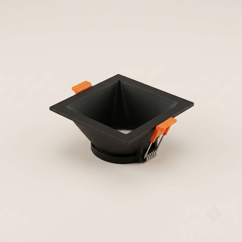 Square black recessed spotlight trim with pyramidal reflector
