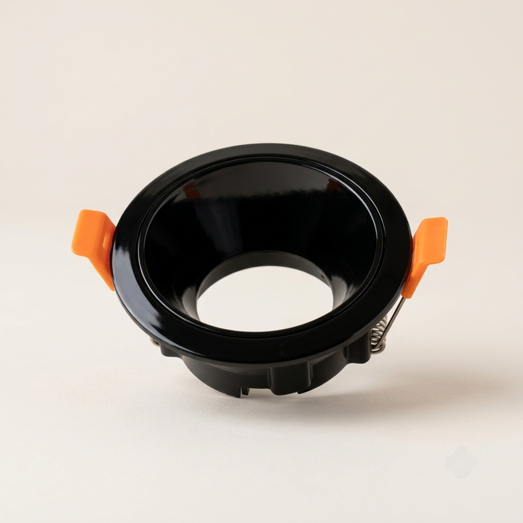 Glossy black round recessed spotlight trim with fluted collar