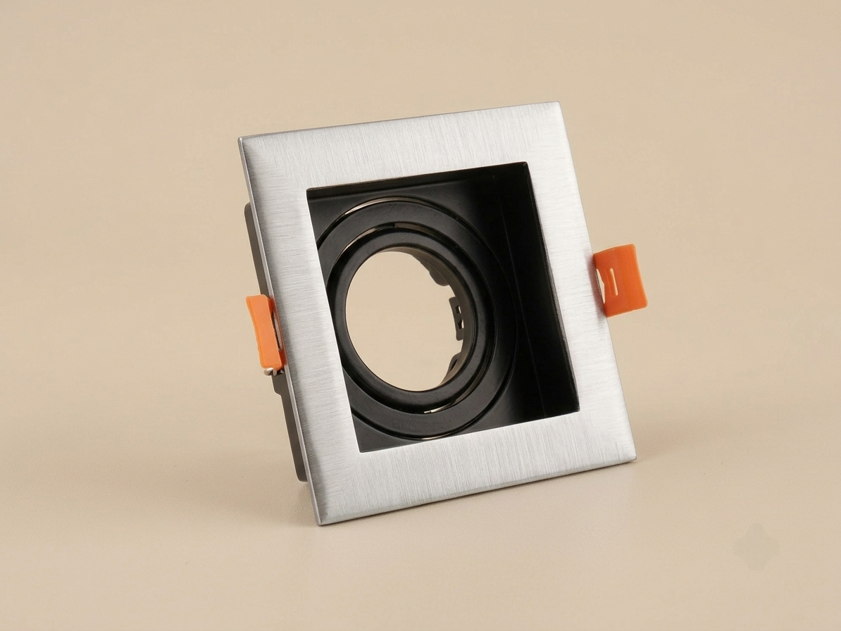 Brushed silver square recessed spotlight with black bezel