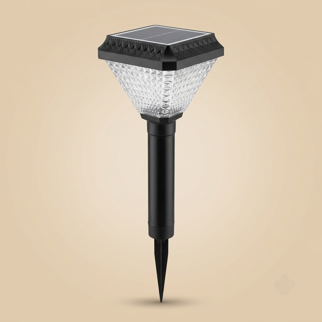 Solar pathway light with faceted crystal-look diffuser