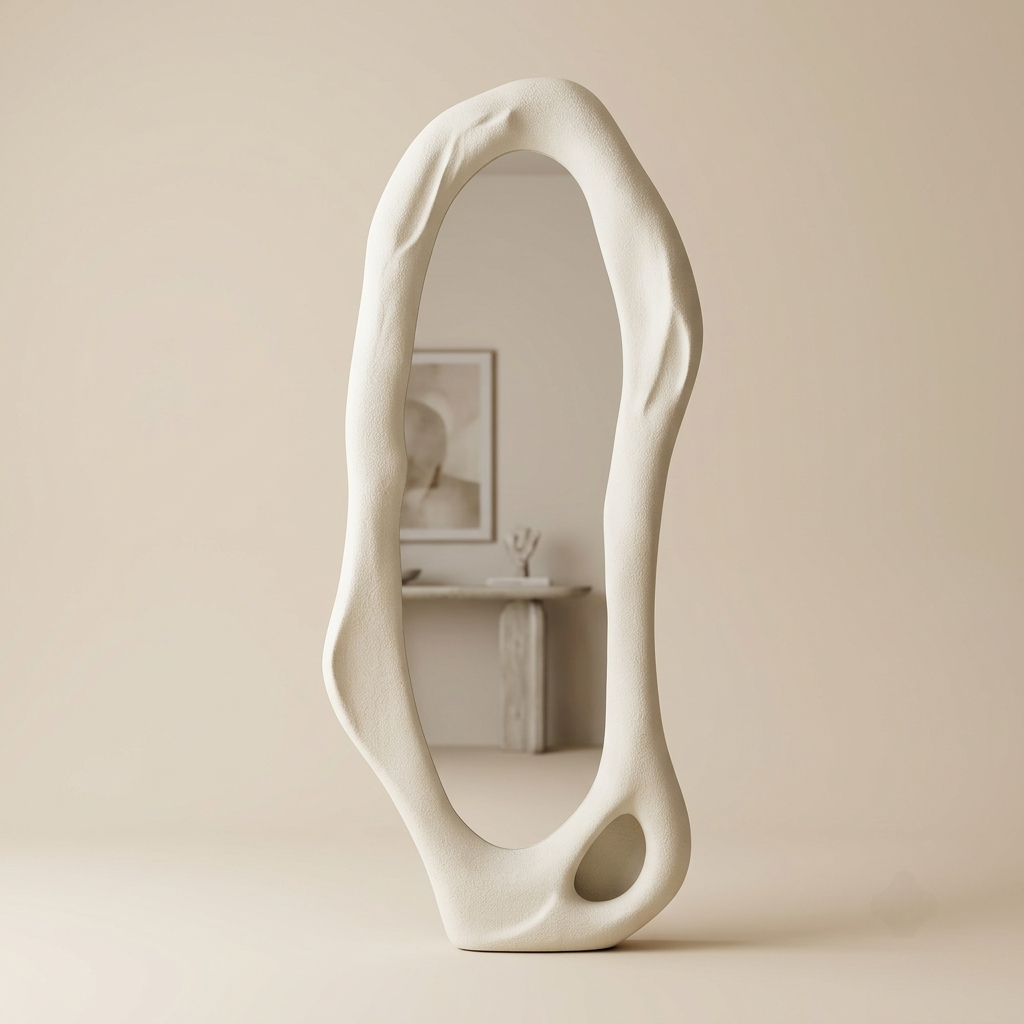 Tall sculptural organic full-length mirror with textured plaster finish