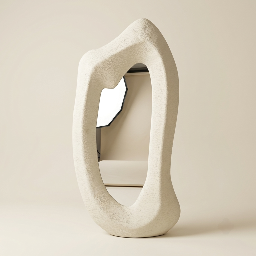 Sculptural organic freestanding mirror with textured plaster finish