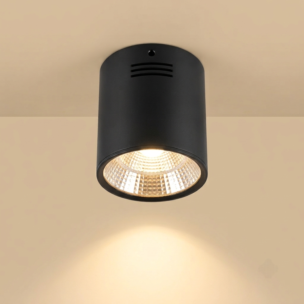 Tall black cylindrical surface-mounted spotlight