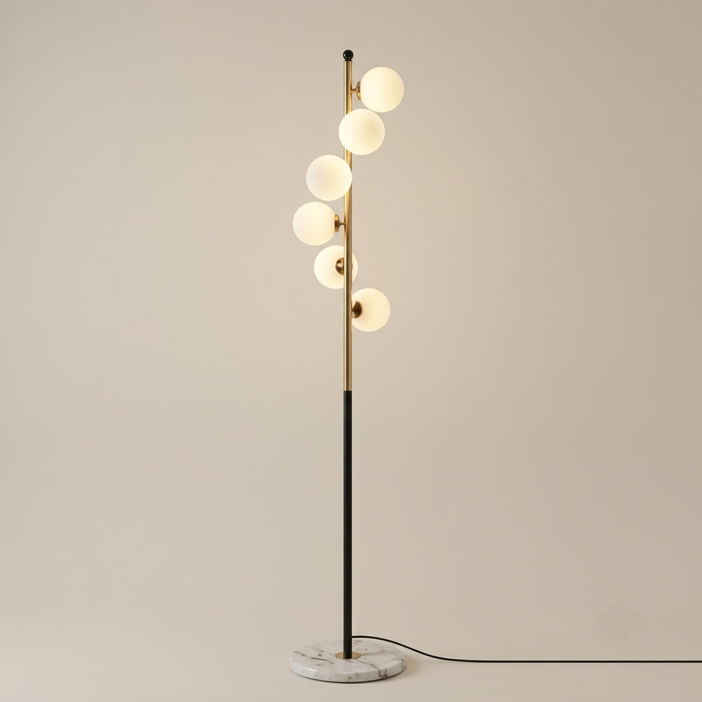 Floor lamp with six staggered frosted glass globes on marble base