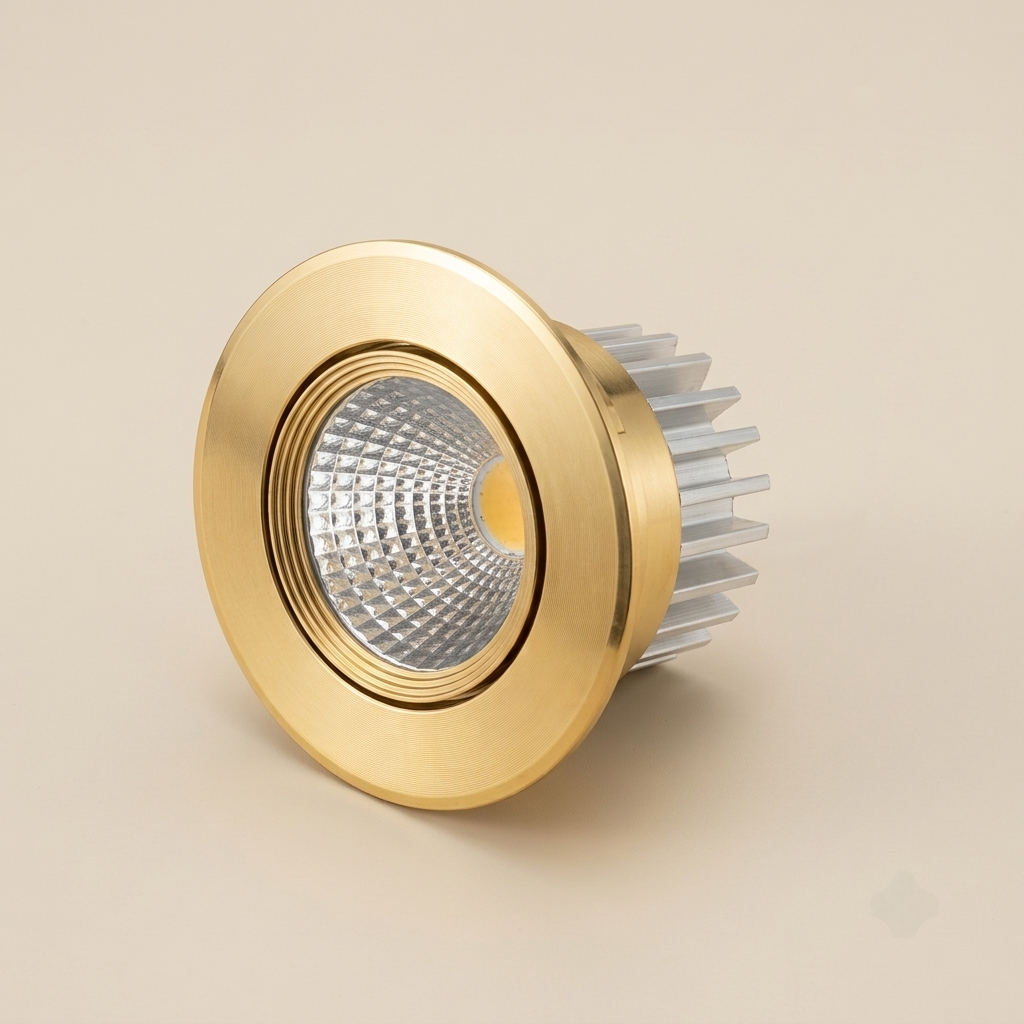 Brass recessed COB LED spotlight module with heat sink