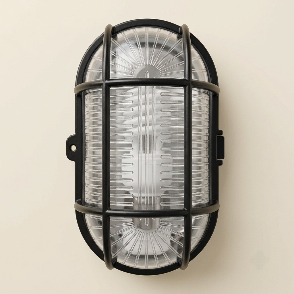 White oval bulkhead wall light with cage guard